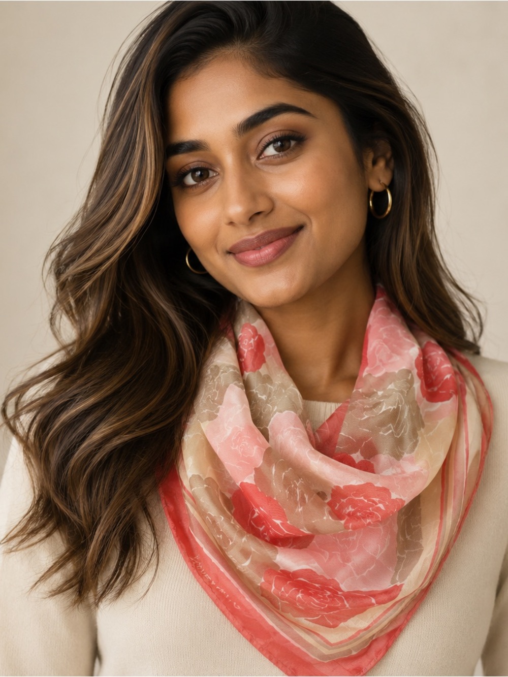GIVENCHY Beautiful Rose, Pink and Beige Rose Flower Pattern 100% Silk Scarf